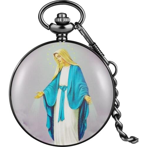 Catholicism Customize Mens Quartz Pocket Watch Arabic Numerals Watch Face Practical Pendant Alloy Thick Chain Gifts For Mother