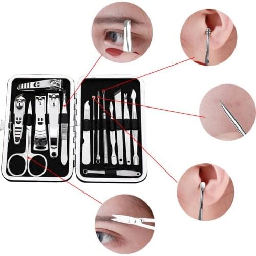 15 /12PCS Manicure Kit Nail Clippers Set Professional Pedicure Black Stainless Steel Makeup Grooming Set Cutter Ear Pick Tweezer