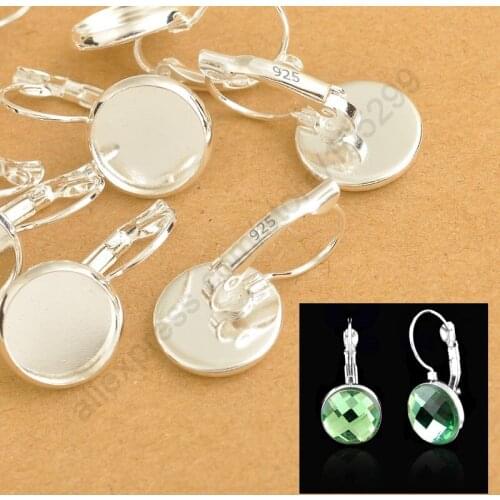 Bulk 8-10-12-14-16-18-20-25MM 925 Sterling Silver Jewelry Findings Flat Cabochon Cameo Settings Earring French Lever Back