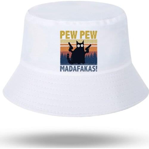 Pew Pew Madafakas Black Cat Print Men Women Bucket Hat Outdoor Sunscreen Beach Cap Fisherman Hat Sun Hiking Fishing Cap