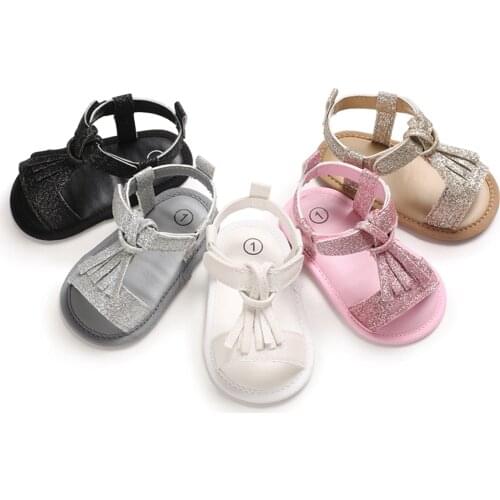 2021 Lovely Baby Girls Faux Leather Sandals Glitter Non-Slip Sole Princess Flat Shoes with Tassel 0-12M