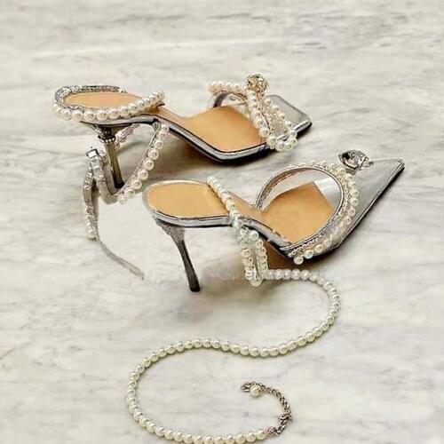 Square Head Transparent Sandals Female Summer 2020 New Bow Pearl Rhinestone High Heels Fine With Fairy Style