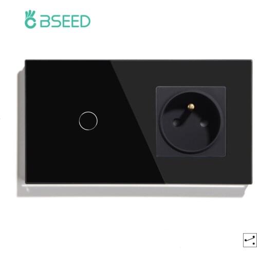 BSEED 1 Gang 2Gang 3Gang 1 Way 2 Way Touch Switch Fance Standard Socket With Black White Gold Crystal Glass Panel Switches