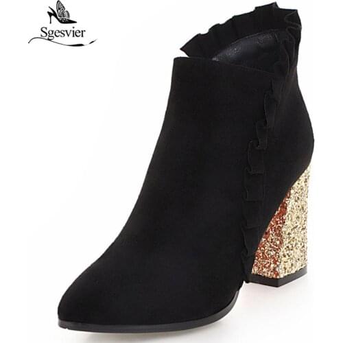 Sgesvier Size 33-43 Women High Heel Boots Side Zipper Short Boots Thick Heel Shoes Women Winter Ankle Boot Women Footwear OX776