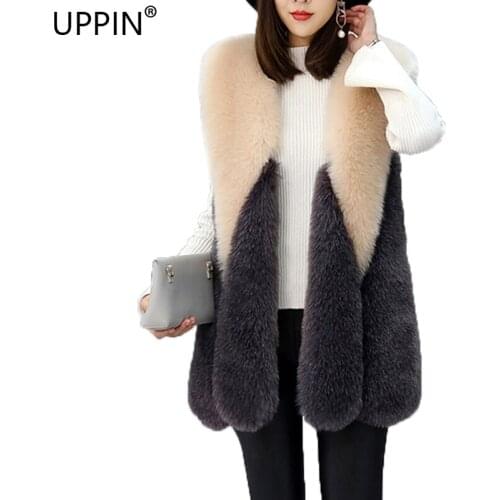 UPPIN Multi Colored Faux Fox Fur Vest Women Plus Size Drop Shape Spliced Girls Winter Coat Ladies Elegant New Furry Women Jacket