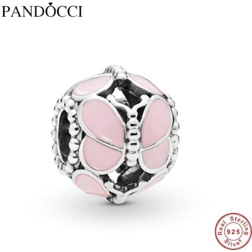 2019 Spring 925 Sterling Silver Bead Pink Butterflies Charm Fit Original Women Bangle Bracelet Diy Jewelry QANDOCCI