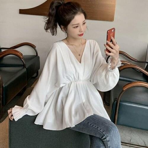 Blouse Women Shirt Womens 2020 Top Loose V-neck Batwing Sleeve Ruffled Shirt Blusas Ropa De Mujer