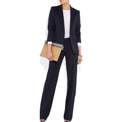 Dark Navy Women Pant Suits Peak Lapel Women Business Suits Formal 2 Piece Jacket+Pants Ladies Office Work Suits Straight Trouser