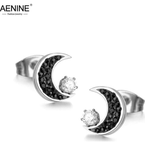 AENINE Elegant Stainless Steel Rhinestone Moon Earrings Jewelry Rose Gold Color Cubic Zirconia Stud Earring For Women AE18011