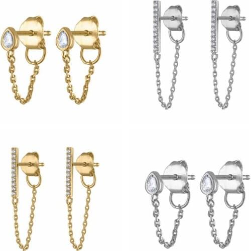 925 Silver Ear Needle simple CZ Crystal Chain Stud Earring for Women Piercing Pendiente Clips Rock Punk Clips Crystal Jewelry