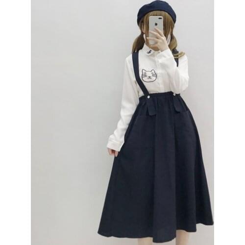 Japan Preppy Style Women Navy Blue Sundress Pockets Long Sleeveless Dress Mori Girl Elegant School Cute Dress GD695