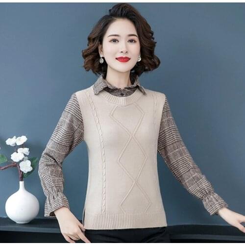 Spring Autumn Style Fake Two-piece Knitted Sweater Pullover Lady Casual Turn-down Collar Long Sleeve Knitted Pullover