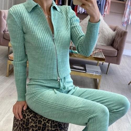 Womens Knitted Zipper Drawstring Two Piece Set Turn-Down Collar Cropped Sweater and Sport Pant Female Autumn Casual Ladies Sets