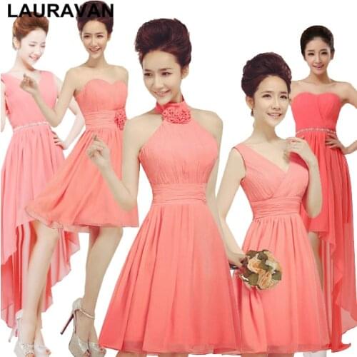 Short watermelon coral color adies plus size bridesmaid dresses bridemaid knee length woman formal dress party for weddings