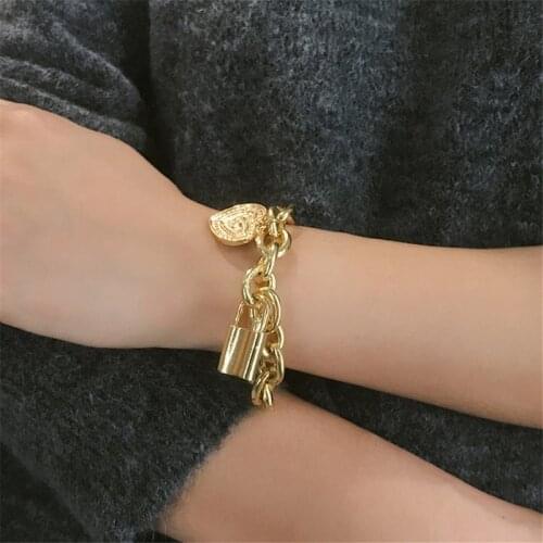 Gold Chain Lovers Lock Bracelets Bangles Best Friends Gift Punk Jewelry Carved Heart Bracelet For Women Men Bracciale Uomo