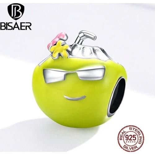 BISAER Coconut Drinks & Sunglasses Beads 925 Sterling Silver Green Enamel Charms Fit Bracelet Necklace Summer Jewelry ECC1528