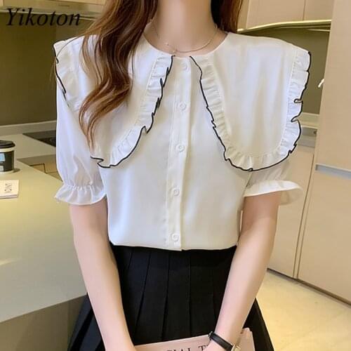 Blouse White Shirt Women Summer Short Sleeve Ruffle Shirt Female Blouses Casual Doll Collar Tops Buttons Womans Colthing Blusa