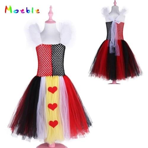 Queen Of Hearts Kids Party Dresses for Girls Tulle Tutu Dress Princess Cosplay Costume for Halloween Christmas Vestido Longo