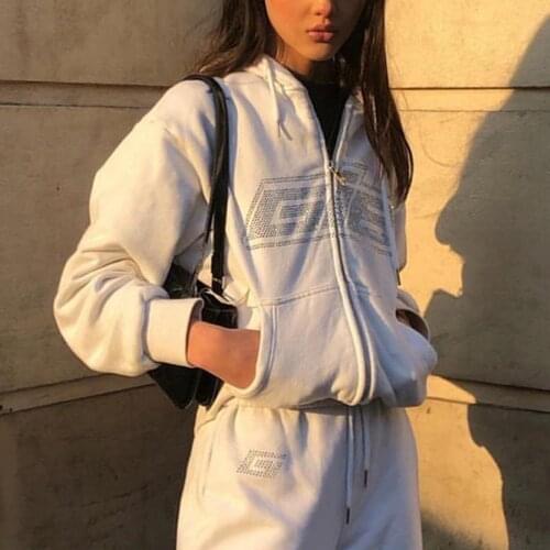 Zip-up Y2K Hoodies Rhinestone Letter Print White Winter Women Autumn Sweatshirt E-girl Oversized Retro Pullovers Casual Hoodie