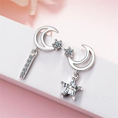 KOFSAC New Fashion Shiny Crystal CZ Star Moon Earrings For Women Party 925 Sterling Silver Stud Earring Jewelry Girl Best Gifts