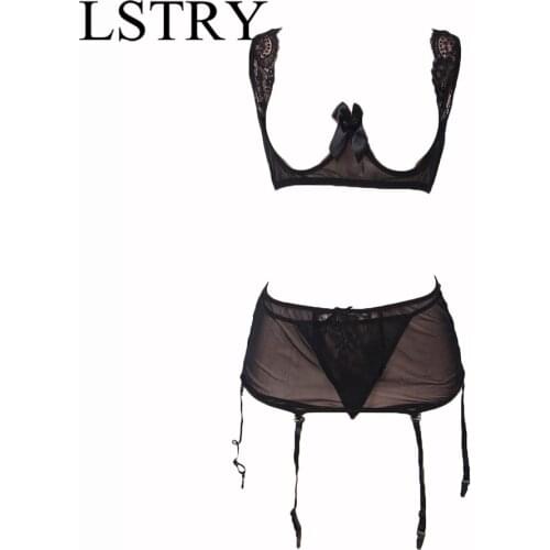 LSTRY 2021 New Garter Bow Women Black Lace Perspective Bandage Erotic Porn Sexy Lingerie Hot Sexy Underwear Bust Sexy Costumes
