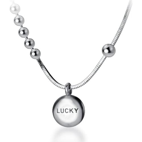 MloveAcc Lucky Necklace 925 Sterling Silver Necklace Girl Simple Bead Snake Chain Choker Necklace Letter LUCKY Tag Birthday Gift