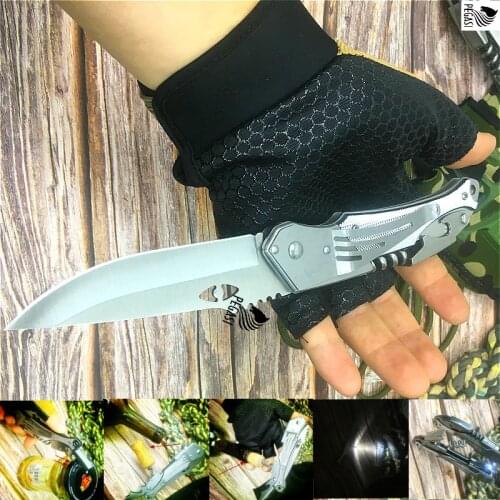 PEGASI 9.2-inch silver-white multi-function outdoor quick opening folding knife is equipped with LED lights and bottle opener
