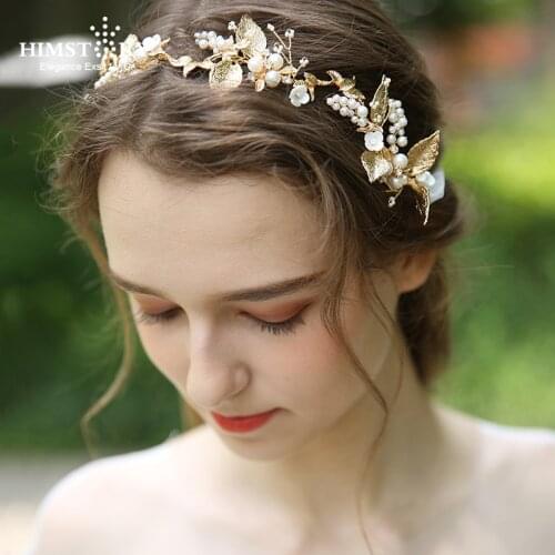 Himstory Pearl Branch Wedding Tiara Bridal Headband Gold Tiara Hairband Crystal Leaf Headpiece Bridal Hair Vines Hair Accessory