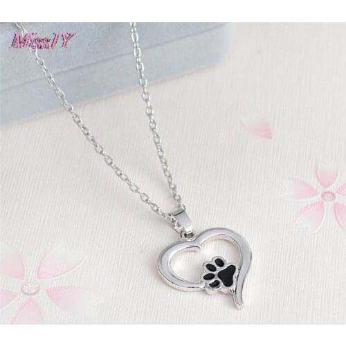 Hollow Pet Paw Print Necklaces Cute Animal Dog cat Memorial jewelry Pet Lover Puppy Paw Heart Charm Black Enamel Necklace Girls
