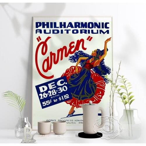 Philharmonic Auditorium 1939 Carmen Poster, Dance Federal Music Project Art Prints, Vintage Red Blue Home Wall Kids Room Decor