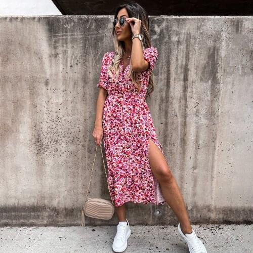 Summer Womens Sexy V Neck Flower Print Dress Casual Short Sleeve Short Dress Female Boho Holiday A Line Party Vestidos D30