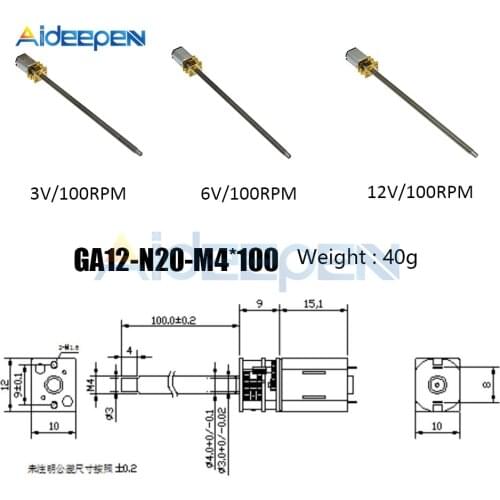 GA12-N20 DC Gear Motor Thread Rod M4 Output Shaft 100mm Length DC 3V/6V/12V 100RPM Speed Reduction Gear Motor for DIY