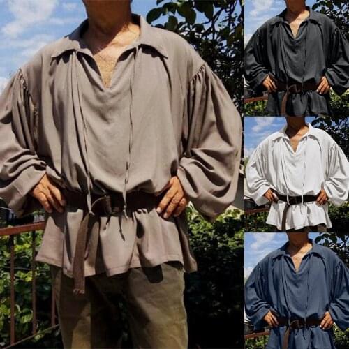 Adult Men Larp Pirate Shirt Tops Medieval Renaissance Lacing Up Bandage Vintage Costume Fluffy Sleeve Blouse Cosplay