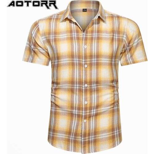Summer Short Sleeve Men Casual Shirts Business Classic Plaid Shirt Mens Fashion Stand Collar Leisure Short Sleeves Shirts