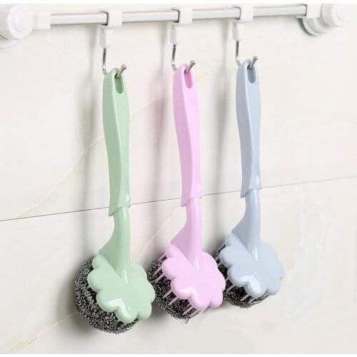 Utility Stainless Steel Wire Ball Brush with Long Handle Cleaning Brush for Kitchen Hanging Strong Cleaning Tools