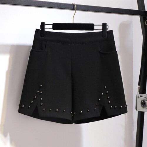 Oversize Woolen Wide leg Short Pants Women Autumn Winter Elastic waist Hot Pants Plus size XXL-6XL Female Beaded Casual Pants