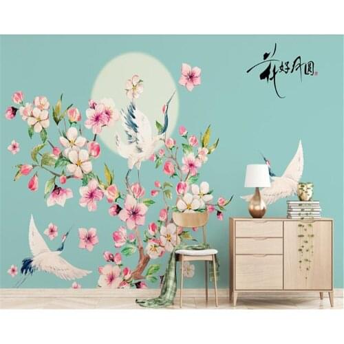 Beibehang Custom Vinyl wallhand-painted plum blossom crane wall flowering wealth flower wallpaper home decoration living room TV