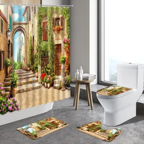 4pcs European Style Vintage Street Scenery Shower Curtain Garden Flowers Plants Spring landscape Anti-Slip Rugs Bathroom Carpet