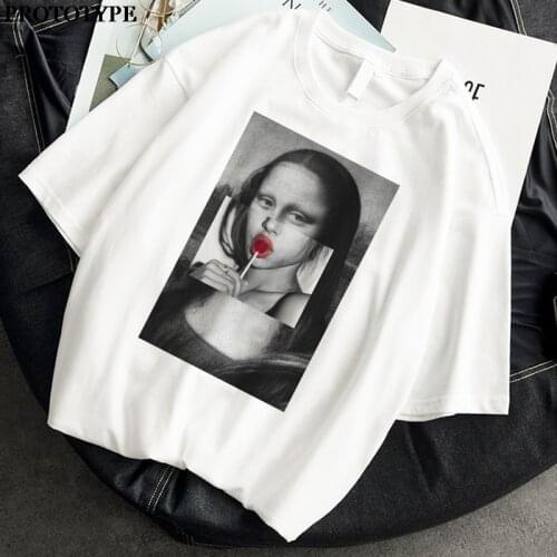 Women T-Shirt goth Monla Lisa Printing Ulzzang Aesthetic White Drawing David Short Sleeve O-neck Oversized T Shirt Summer Tops