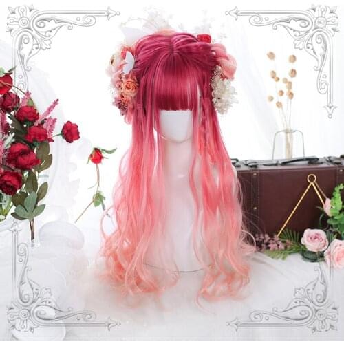Female Long Wavy Red Pink Gradual Change Bangs Wig Women Curly Wigs Lolita Cosplay Party