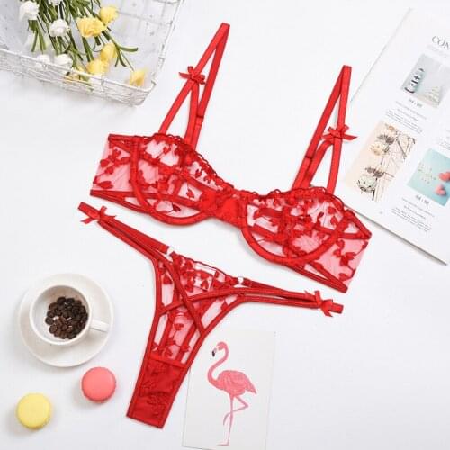 Womens Sexy Underwear Set Embroidered Transparent Embroidery Lace Underwire Gather Bra and Panty Set Sexy Underwear