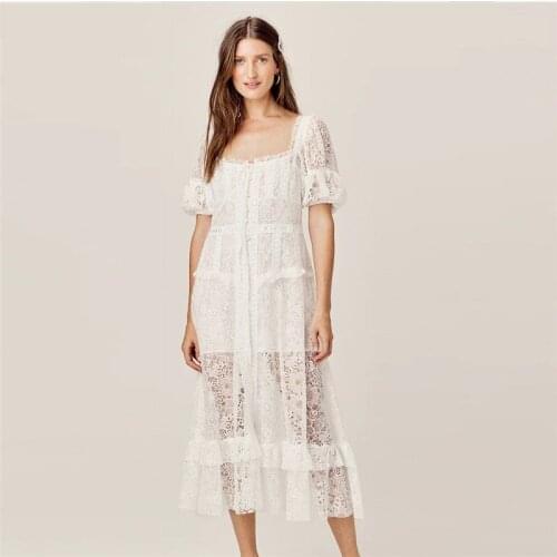 Hollow Out Women Dress Square Collar Short Sleeve High Waist Perspective Maxi Dresses Female French Romance For Love Lady Dress