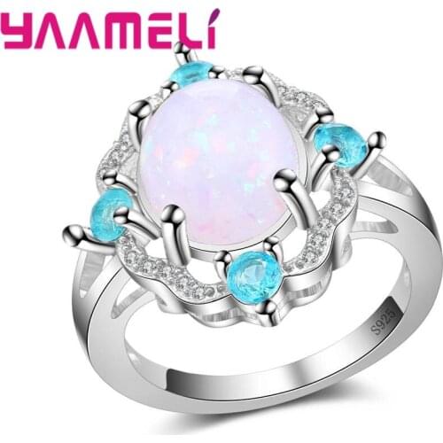 Original Big Promotion Finger Rings For Women Female Round Shape Opal Blue Cubic Zirconia Crystal 925 Sterling Silver