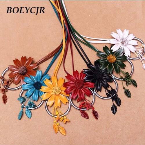 BOEYCJR 7 Colors Available Vintage Leather Sunflower Pendant Necklace Handmade Jewelry Ethnic Pendant Necklace for Women