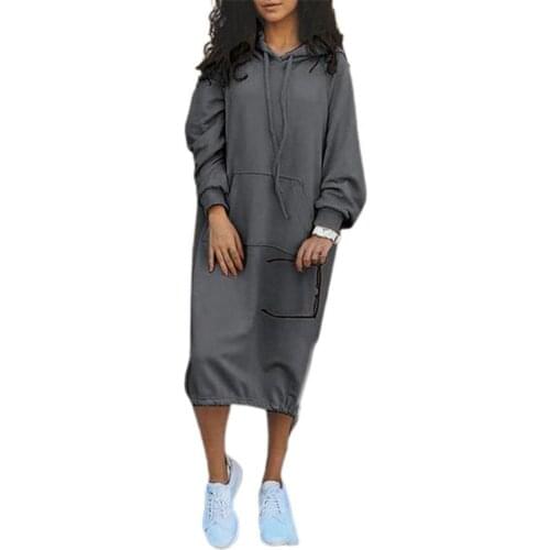 2021 Autumn Women Hooded Vestidos Side Split Winter Long Sleeve Large Pocket Drawstring Vestidos Sweatshirt Vestidos Robe