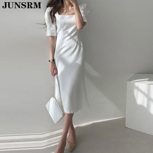 Fashion Square Collar Puff Sleeve Dress Female Elegant Summer Chic Korean Chiffon Dresses Women White Thin Office Lady Vestidos