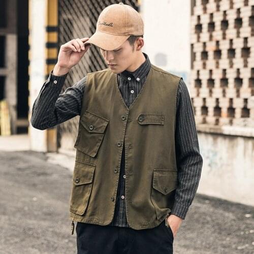 Men Tooling Vest Spring Retro V-Neck Sleeveless Jacket Multi-Pocket Oversized Coat Japanese Trendy Casual Loose Male Cargo Tops