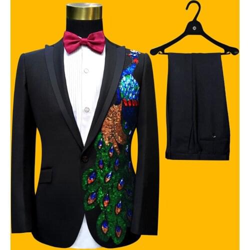 2Pcs Mens Bridal Wedding Formal Suit Sets Rhinestones Peacock Sequins Costume Blazer Pants Business 18 Styles Plus Size S-4XL