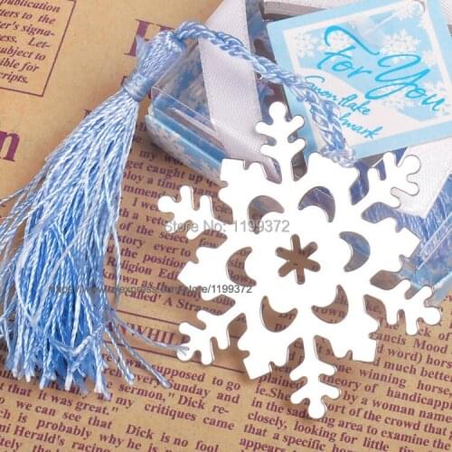 200pcs Snowflake Bookmark Stainless Steel Winter Bridal Shower Blue Tassel Wedding Party Event Favors Gift