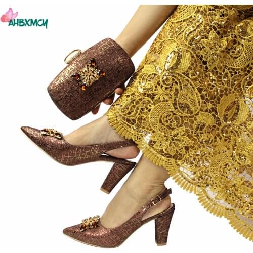 2021 New Arrivals High Quality African Women Shoes and Bag to Match in Coffee Color Slingbacks Sandals for Wedding